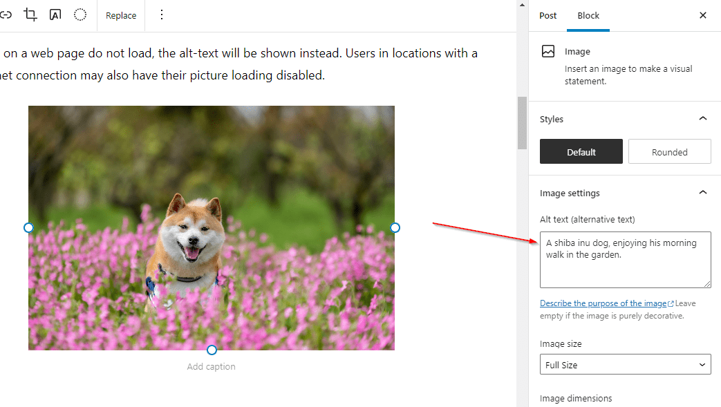 screenshot of adding image alt tag in wordpress