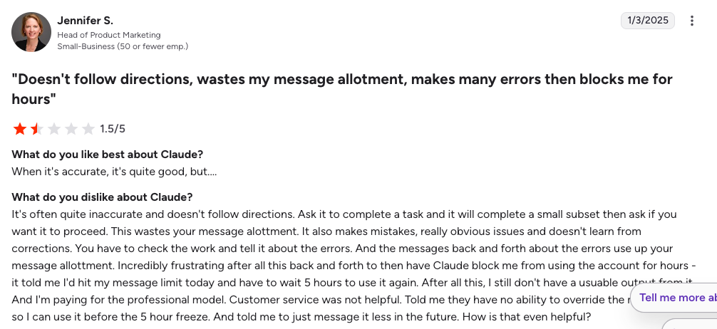 A user review gives 1.5 out of 5 stars, criticizing "Claude" for not following directions, wasting message allotment, making errors, and providing unhelpful customer service.