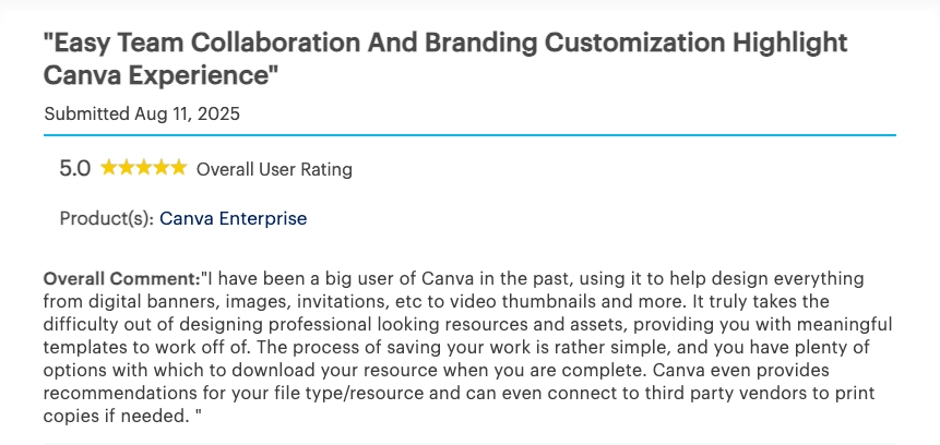 A user review of Canva Enterprise with a 5-star rating praises its collaboration, branding, templates, and printing features; published on August 11, 2025.