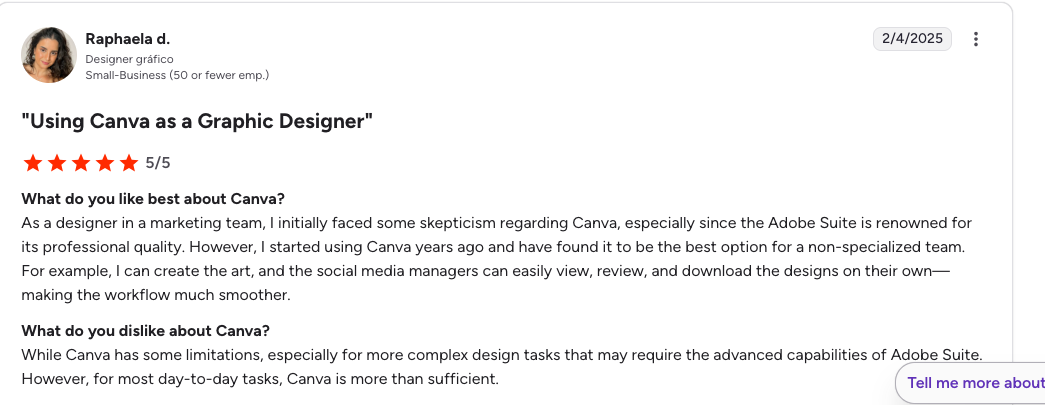 A reviewer named Raphaela d. rates Canva 5 out of 5 stars, praising its ease of use for design and team workflow, but notes it lacks advanced features of Adobe Suite.