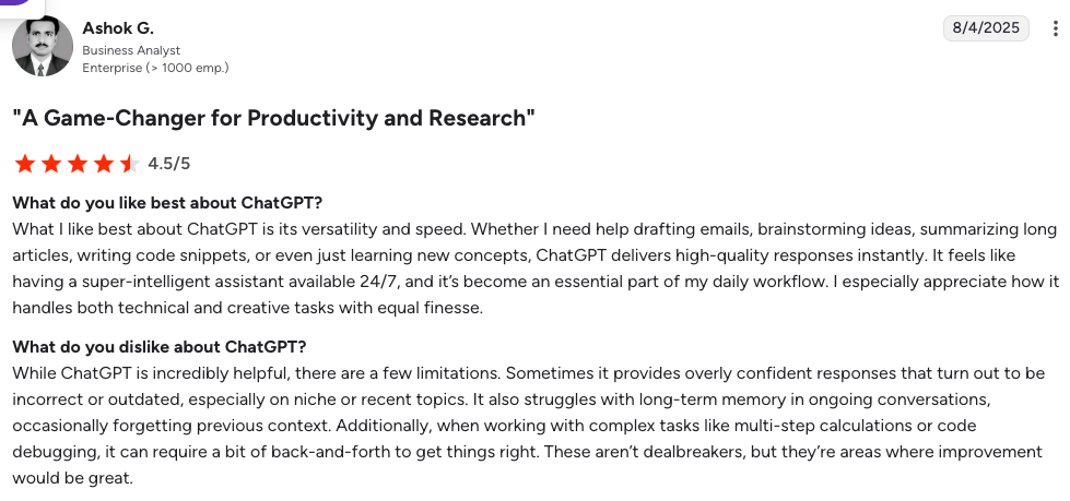A review of ChatGPT by a business analyst rating it 4.5/5, highlighting its versatility and speed, but noting limitations with accuracy and overconfidence in some responses.