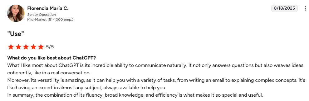 A user review for ChatGPT dated 8/18/2025, showing a 5-star rating and positive comments about its communication ability, versatility, and usefulness.