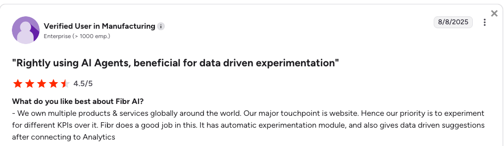 A user review gives a 4.5/5 rating for Fibr AI, highlighting its AI agents, analytics, and effectiveness in supporting data-driven experimentation on a global website platform.