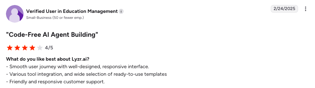 A user review for "Code-Free AI Agent Building" rates it 4 out of 5 stars, praising smooth interface, tool integration, templates, and responsive support. Dated 2/24/2025.