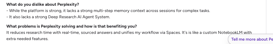 Screenshot of feedback about Perplexity, noting its lack of multi-step memory and research tools, and describing its benefit as reducing research time with real-time, sourced answers.