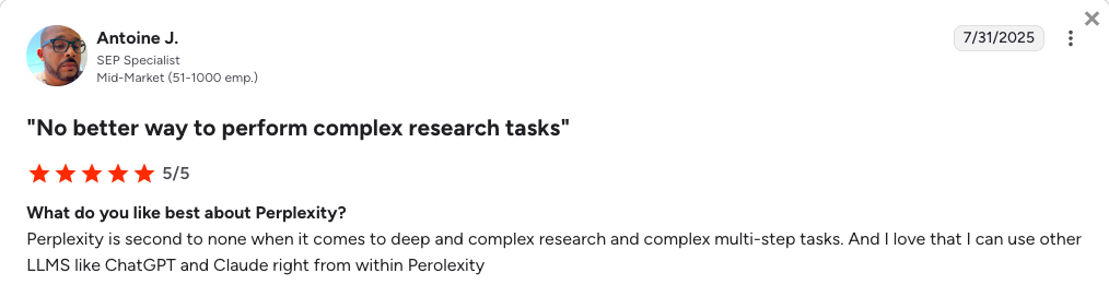 A user review for Perplexity highlights its effectiveness for complex research tasks, rates it 5 out of 5 stars, and mentions integration with other LLMs like ChatGPT and Claude.