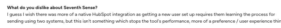 Screenshot of survey feedback stating a preference for more native HubSpot integration in Seventh Sense, noting current setup requires learning two systems.