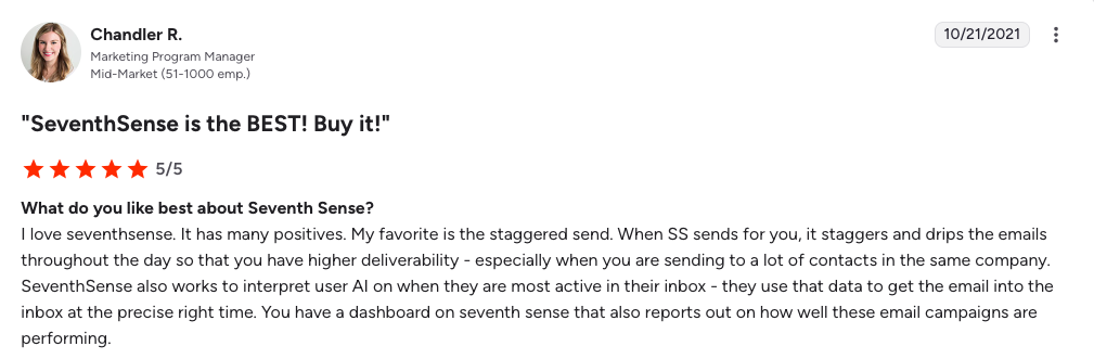A customer review titled "SeventhSense is the BEST! Buy it!" rates the product 5 stars and praises its staggered email sending and detailed campaign performance dashboard.