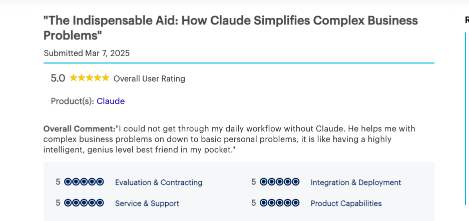 A user review for Claude describes a 5-star experience, praising its help with complex business problems and rating aspects like support, deployment, and capabilities all 5 out of 5.